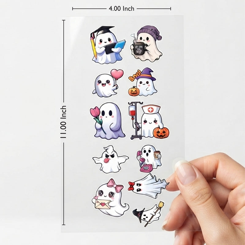 TodFod Cute Ghost DTF Heat Transfer Stickers for T-Shirts, Clothes & Fabric | Cartoon Ghost Transfer Sheet 11 x 4 Inch for DIY Craft