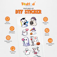 TodFod Cute Ghost DTF Heat Transfer Stickers for T-Shirts, Clothes & Fabric | Cartoon Ghost Transfer Sheet 11 x 4 Inch for DIY Craft