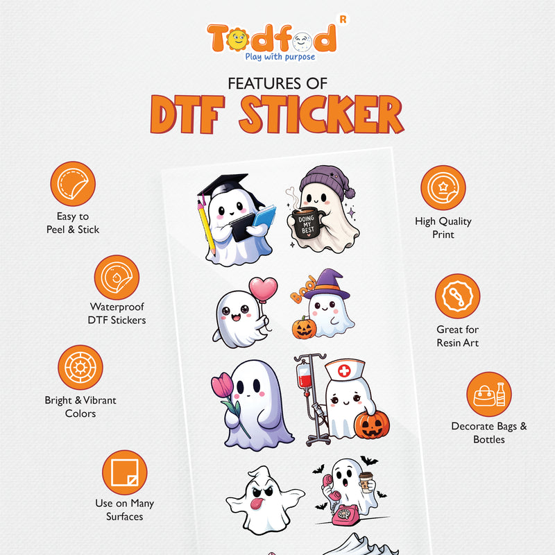 TodFod Cute Ghost DTF Heat Transfer Stickers for T-Shirts, Clothes & Fabric | Cartoon Ghost Transfer Sheet 11 x 4 Inch for DIY Craft