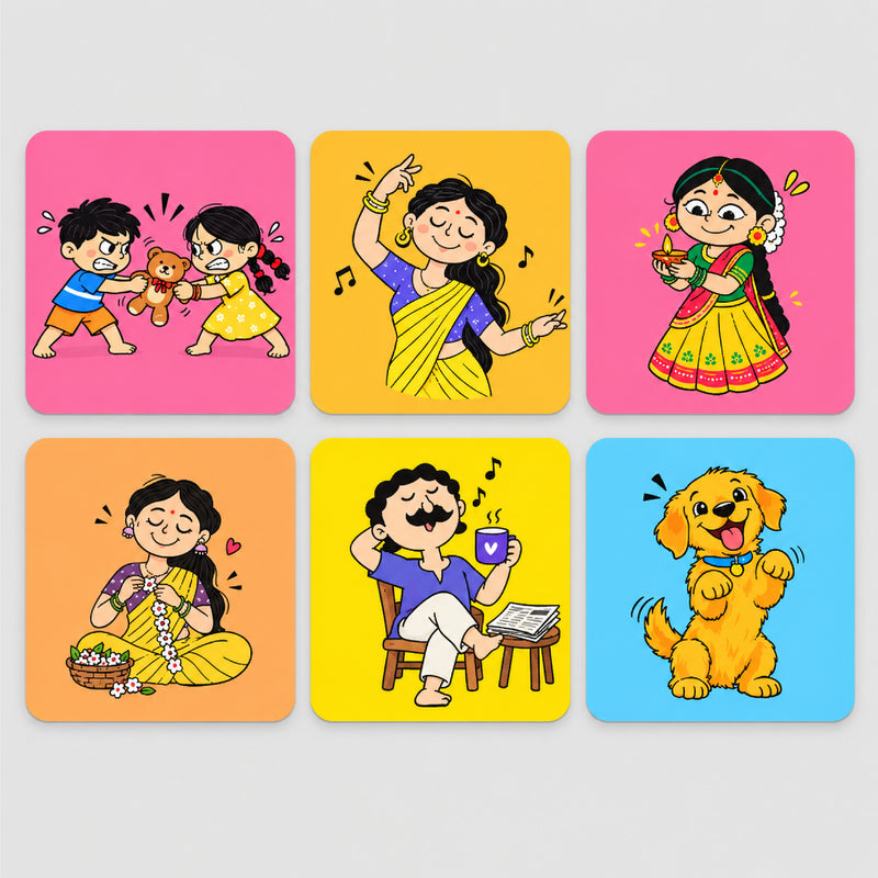 Todfod Cute Cartoon Wooden Coasters Set of 6 – Colourful Square Tea & Coffee Mug Coasters for Home, Office & Gifting