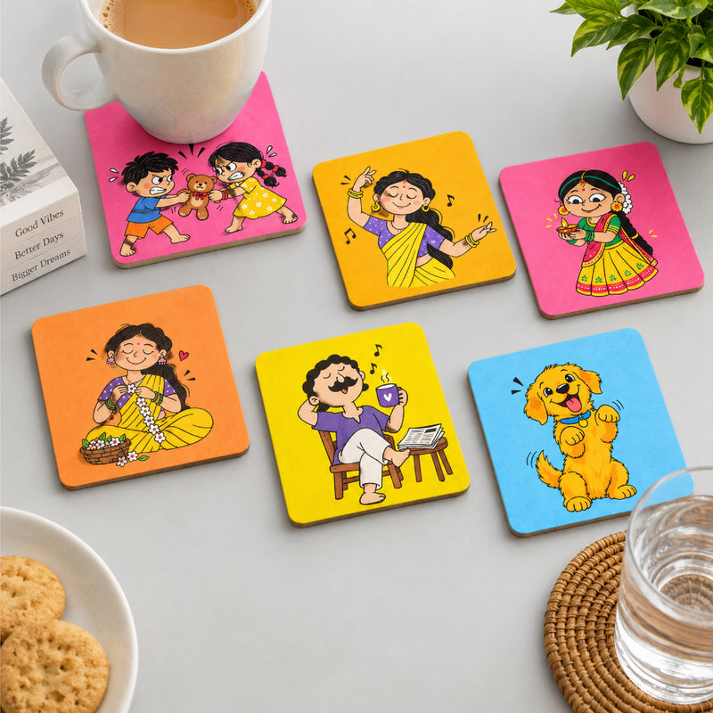 Todfod Cute Cartoon Wooden Coasters Set of 6 – Colourful Square Tea & Coffee Mug Coasters for Home, Office & Gifting