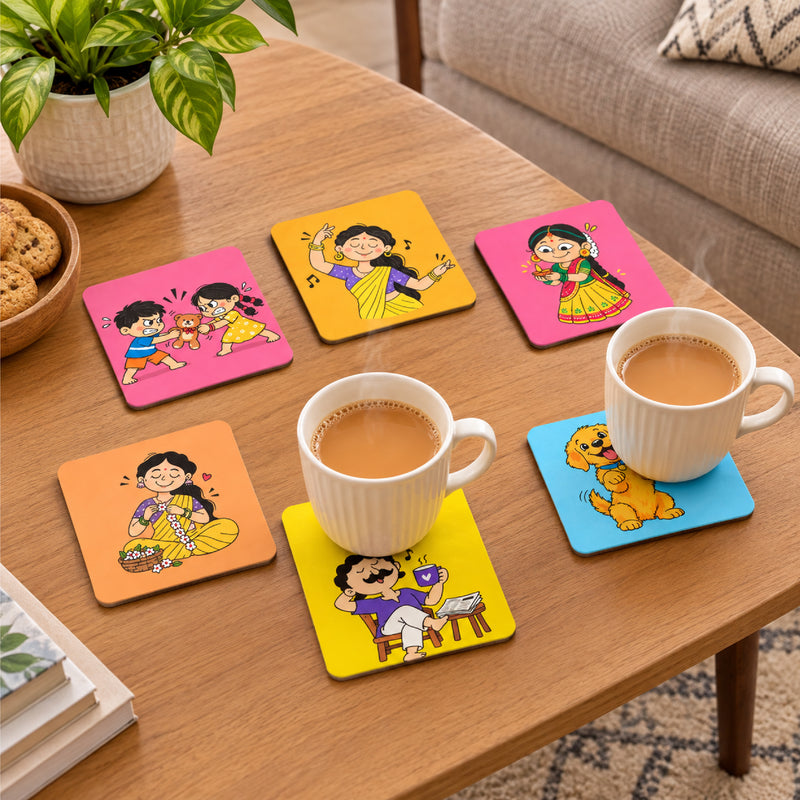 Todfod Cute Cartoon Wooden Coasters Set of 6 – Colourful Square Tea & Coffee Mug Coasters for Home, Office & Gifting