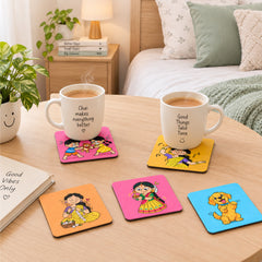 Todfod Cute Cartoon Wooden Coasters Set of 6 – Colourful Square Tea & Coffee Mug Coasters for Home, Office & Gifting