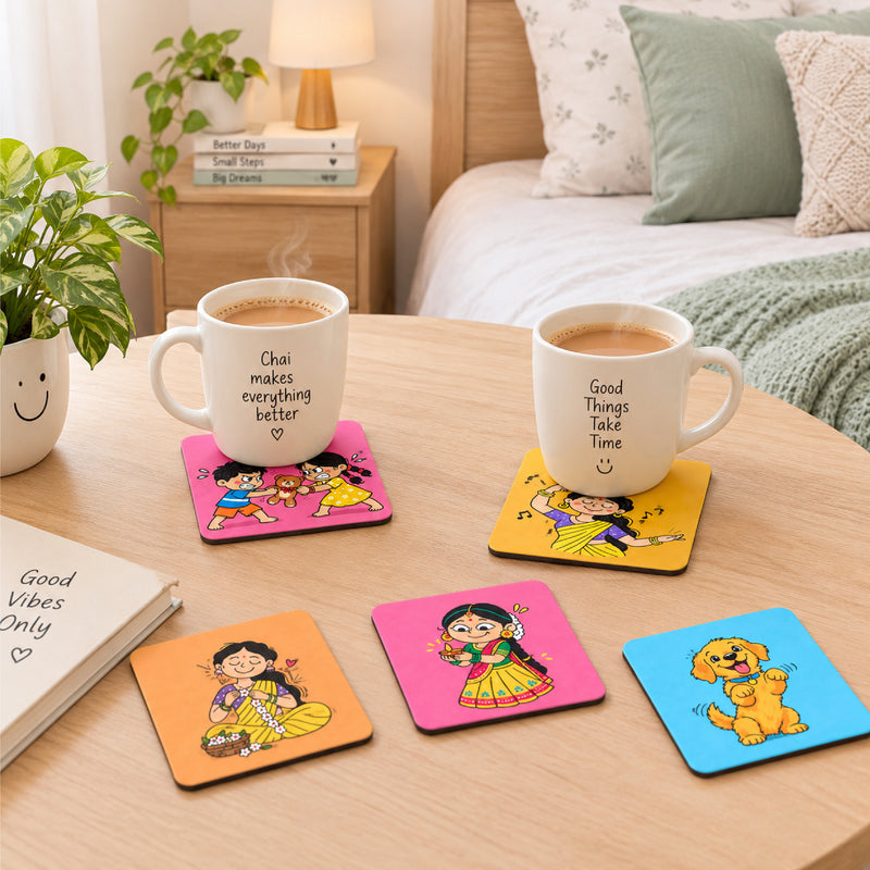 Todfod Cute Cartoon Wooden Coasters Set of 6 – Colourful Square Tea & Coffee Mug Coasters for Home, Office & Gifting