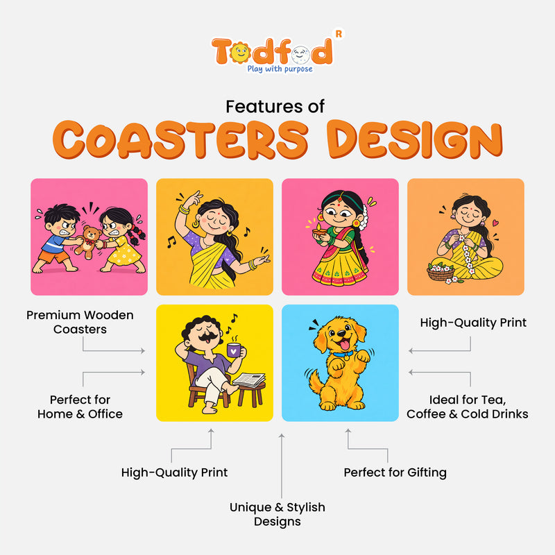 Todfod Cute Cartoon Wooden Coasters Set of 6 – Colourful Square Tea & Coffee Mug Coasters for Home, Office & Gifting