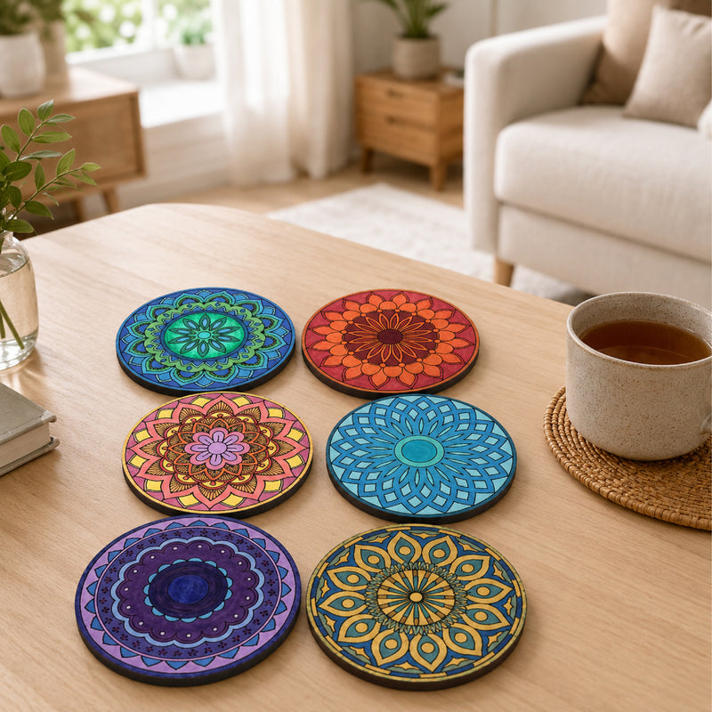 Todfod DIY Mandala Coaster Kit | Set of 6 Wooden Round Mandala Art Craft for Painting & Home Decor