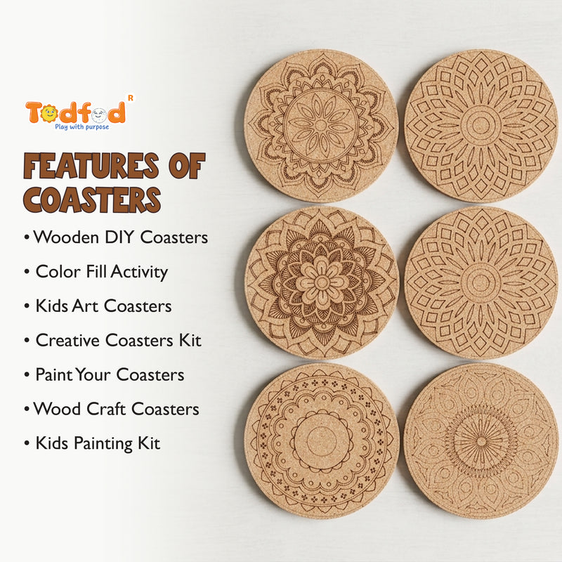 Todfod DIY Mandala Coaster Kit | Set of 6 Wooden Round Mandala Art Craft for Painting & Home Decor