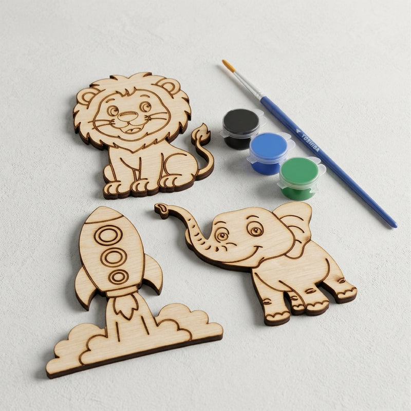 TodFod DIY Painting Animal & Rocket Fridge Magnet Kit | Wooden Craft Coloring Set with Paints & Brush