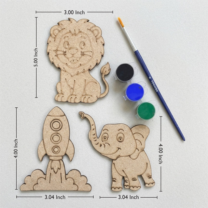 TodFod DIY Painting Animal & Rocket Fridge Magnet Kit | Wooden Craft Coloring Set with Paints & Brush