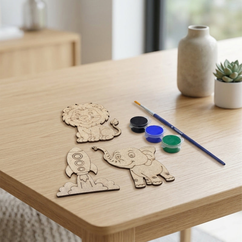 TodFod DIY Painting Animal & Rocket Fridge Magnet Kit | Wooden Craft Coloring Set with Paints & Brush