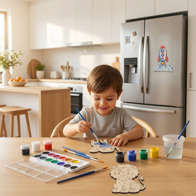 TodFod DIY Painting Animal & Rocket Fridge Magnet Kit | Wooden Craft Coloring Set with Paints & Brush