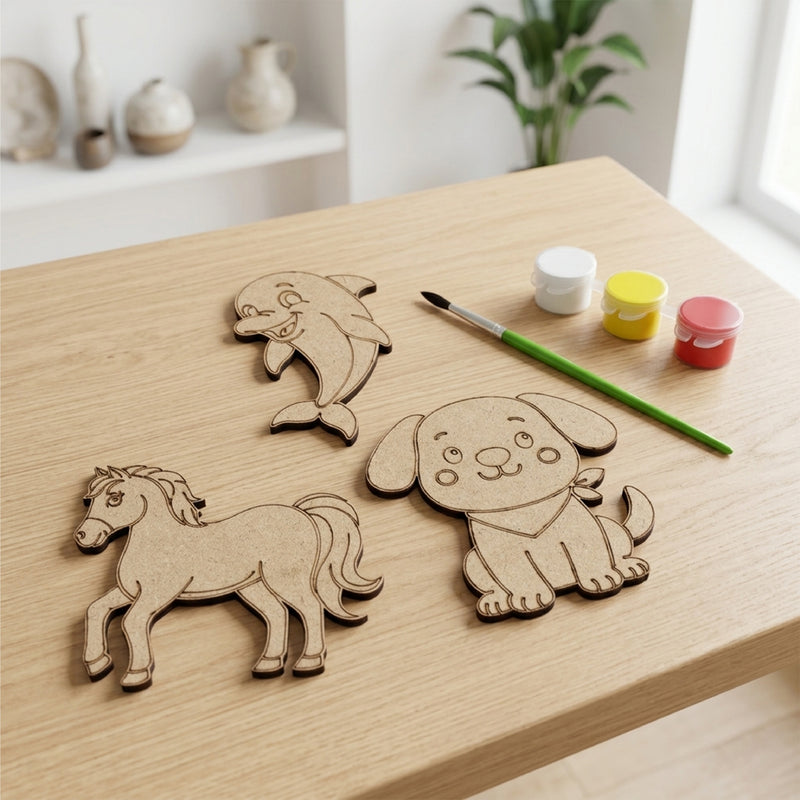 TodFod DIY Painting Animal Fridge Magnet Kit | Wooden Dolphin, Pony & Dog Craft Set with Paints & Brush