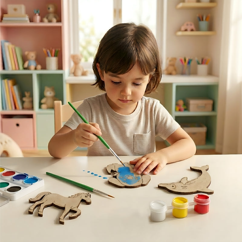 TodFod DIY Painting Animal Fridge Magnet Kit | Wooden Dolphin, Pony & Dog Craft Set with Paints & Brush