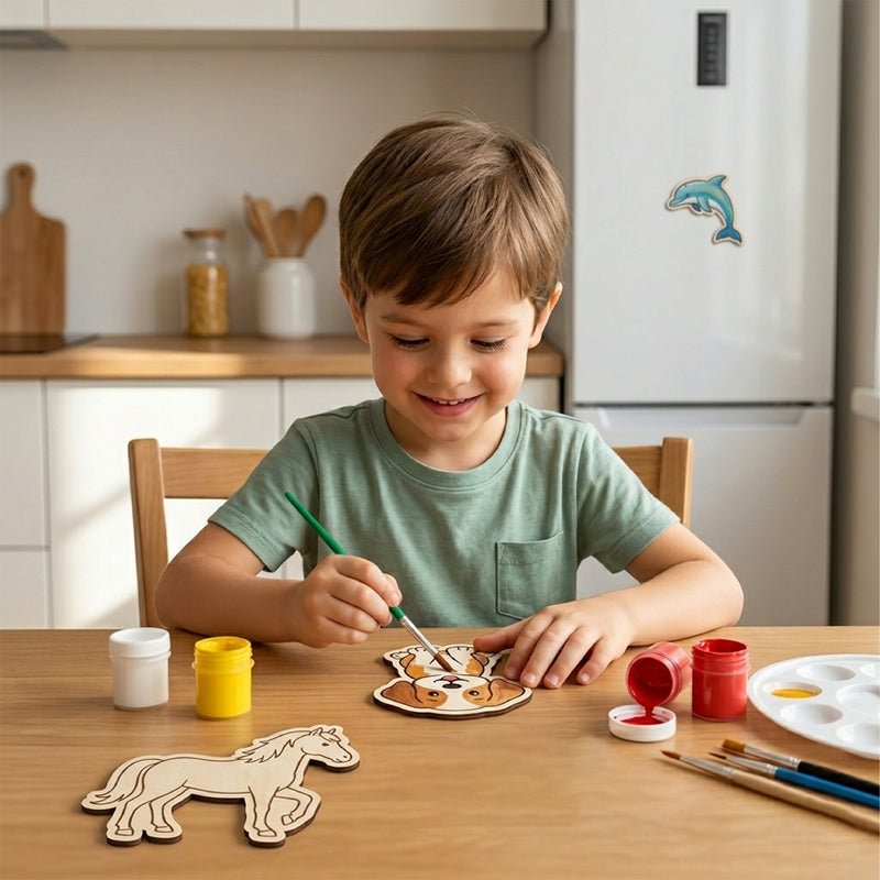 TodFod DIY Painting Animal Fridge Magnet Kit | Wooden Dolphin, Pony & Dog Craft Set with Paints & Brush