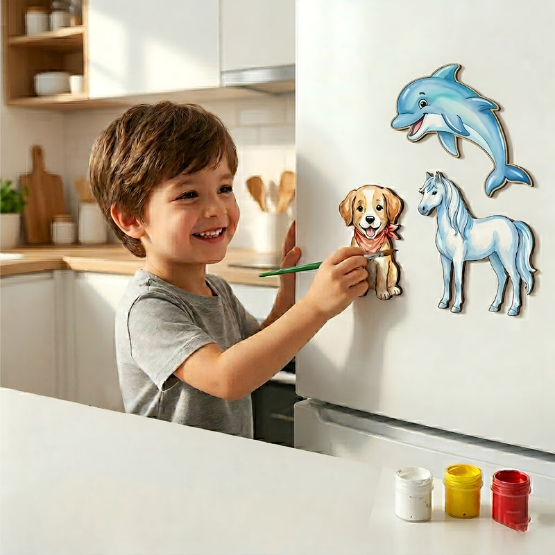 TodFod DIY Painting Animal Fridge Magnet Kit | Wooden Dolphin, Pony & Dog Craft Set with Paints & Brush