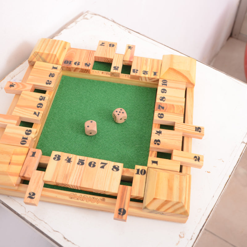 Clapjoy Shut The Box Wooden Dice Board Game for Kids & Family | Pinewood Number Strategy Game with Felt Board, 2 Pairs of Dice & Number Tiles | Educational Indoor Game