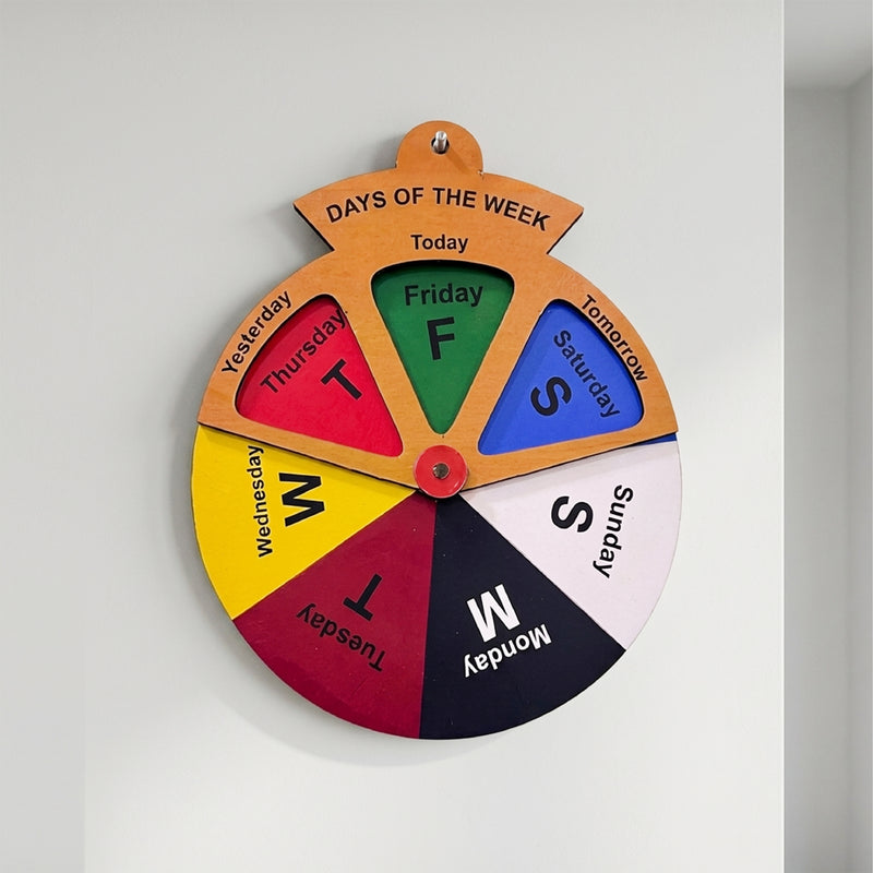 TodFod Days of the Week Wall Hanging Wheel | 8x6.5 Inch Wooden Educational Calendar Spinner for Home decor