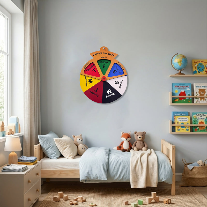 TodFod Days of the Week Wall Hanging Wheel | 8x6.5 Inch Wooden Educational Calendar Spinner for Home decor