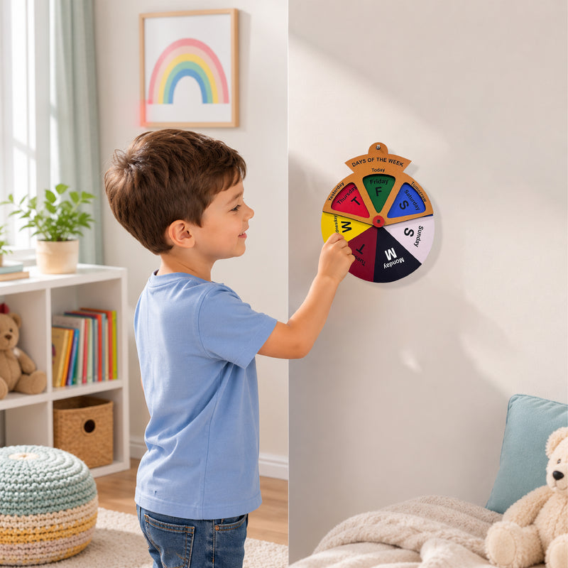 TodFod Days of the Week Wall Hanging Wheel | 8x6.5 Inch Wooden Educational Calendar Spinner for Home decor