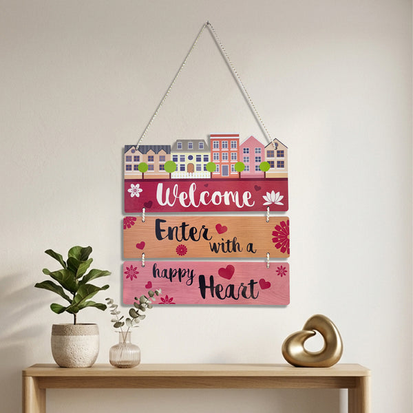 Smaran Decorative Welcome Wooden Wall Hanging Plaque | Enter With A Happy Heart Sign | 11.5x19 Inch Colorful House Design for Home Entrance Living Room & Gift - Todfod
