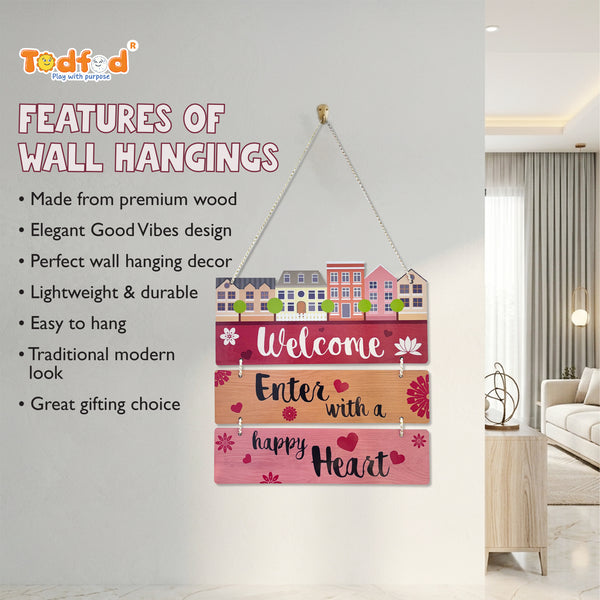 Smaran Decorative Welcome Wooden Wall Hanging Plaque | Enter With A Happy Heart Sign | 11.5x19 Inch Colorful House Design for Home Entrance Living Room & Gift