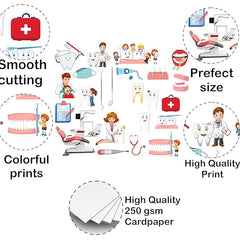 Illustrations of medical and dental-themed items with text on quality and features.