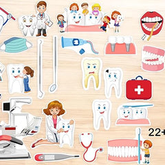 Collection of dental-themed cards on a wooden surface with various illustrations including teeth, dentists, and dental tools.