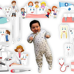 Baby surrounded by dental-themed illustrations and toys