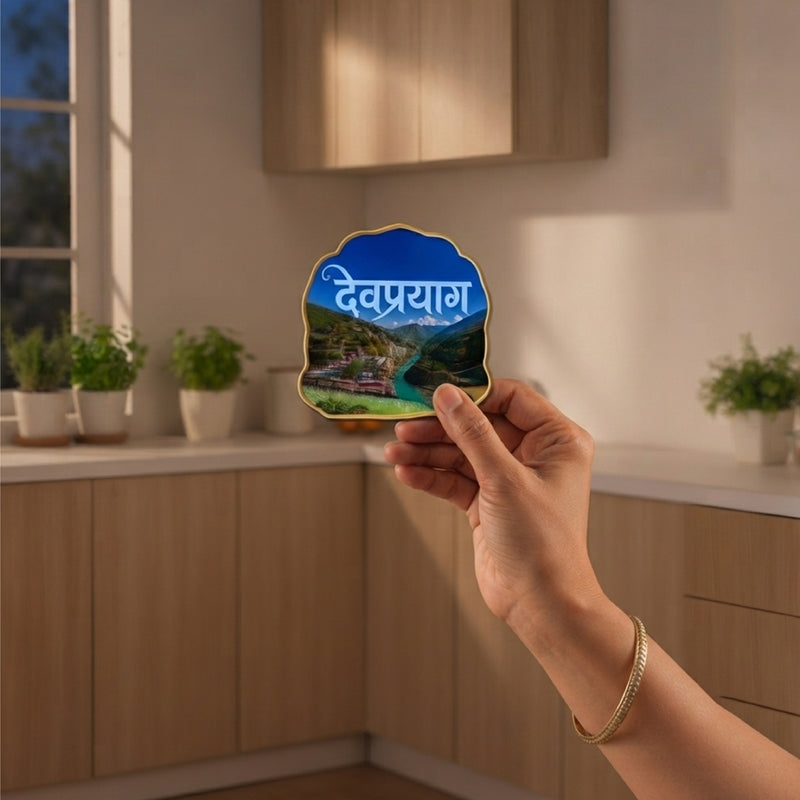 Todfod Devprayag Fridge Magnet | Wooden Devprayag Sangam Souvenir Refrigerator Magnet | Uttarakhand Travel Decorative Magnet for Kitchen, Home & Office | 3 Inch