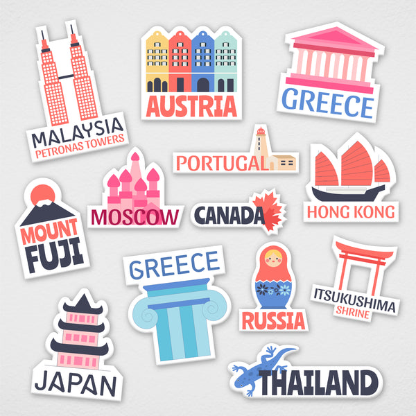 Smaran Different Countries Wooden Fridge Magnet Set | World Landmarks Malaysia Austria Portugal Canada Moscow Hong Kong | 3 Inch Assorted Shapes Refrigerator Decor for Home Kitchen & Gift
