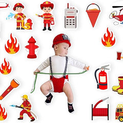 Child in firefighter costume surrounded by fire-themed stickers on a white background