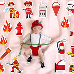 Child in firefighter costume surrounded by fire safety-themed stickers on a pink background