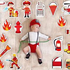 Child playing with fire-themed stickers on a wooden background