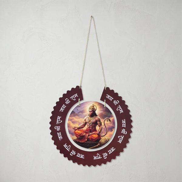 Smaran Divine Hanumanji Wooden Wall Hanging Decor | Round Deity Plaque with Sanskrit Mantra | 12.5x22 Inch Spiritual Sign for Home Temple Puja Room & Gift