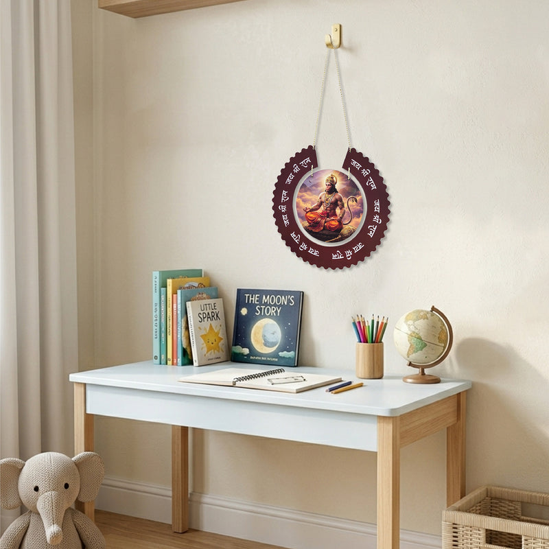 Smaran Divine Hanumanji Wooden Wall Hanging Decor | Round Deity Plaque with Sanskrit Mantra | 12.5x22 Inch Spiritual Sign for Home Temple Puja Room & Gift