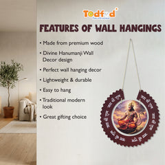Smaran Divine Hanumanji Wooden Wall Hanging Decor | Round Deity Plaque with Sanskrit Mantra | 12.5x22 Inch Spiritual Sign for Home Temple Puja Room & Gift