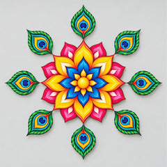 Todfod Divine Peacock Feather Wooden MDF Rangoli 14 Inch | Colourful Floral Mandala Decorative Floor Rangoli for Home Entrance and Diwali
