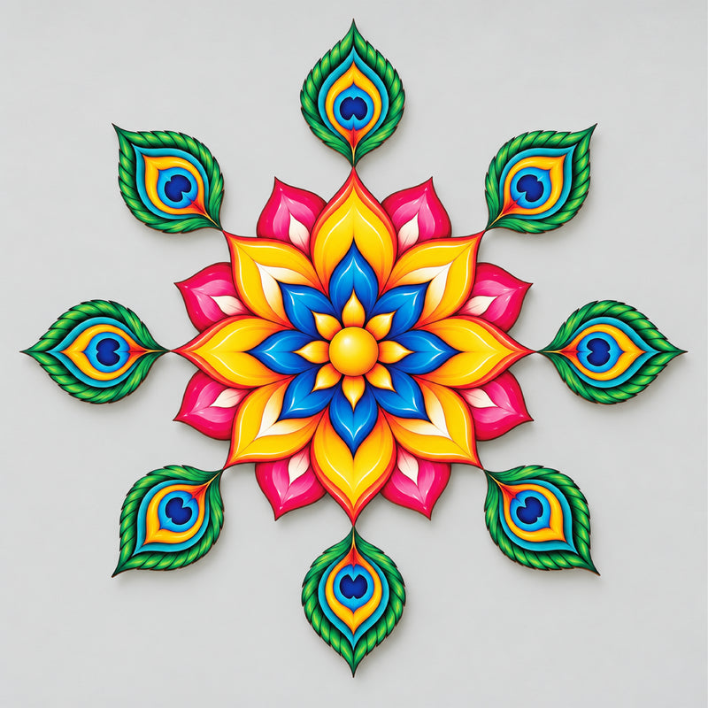 Todfod Divine Peacock Feather Wooden MDF Rangoli 14 Inch | Colourful Floral Mandala Decorative Floor Rangoli for Home Entrance and Diwali