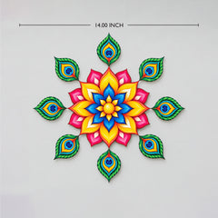 Todfod Divine Peacock Feather Wooden MDF Rangoli 14 Inch | Colourful Floral Mandala Decorative Floor Rangoli for Home Entrance and Diwali