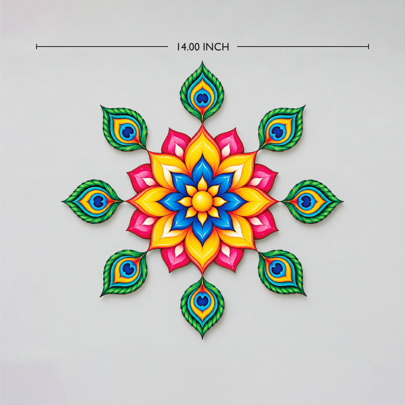 Todfod Divine Peacock Feather Wooden MDF Rangoli 14 Inch | Colourful Floral Mandala Decorative Floor Rangoli for Home Entrance and Diwali