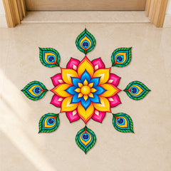 Todfod Divine Peacock Feather Wooden MDF Rangoli 14 Inch | Colourful Floral Mandala Decorative Floor Rangoli for Home Entrance and Diwali