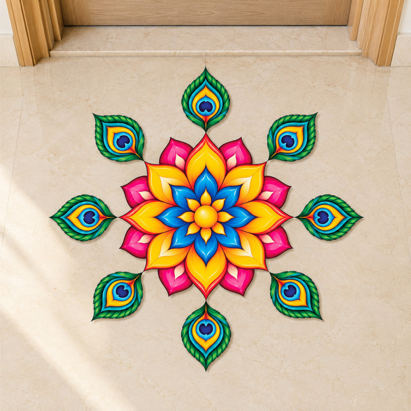 Todfod Divine Peacock Feather Wooden MDF Rangoli 14 Inch | Colourful Floral Mandala Decorative Floor Rangoli for Home Entrance and Diwali