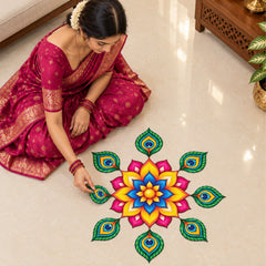Todfod Divine Peacock Feather Wooden MDF Rangoli 14 Inch | Colourful Floral Mandala Decorative Floor Rangoli for Home Entrance and Diwali