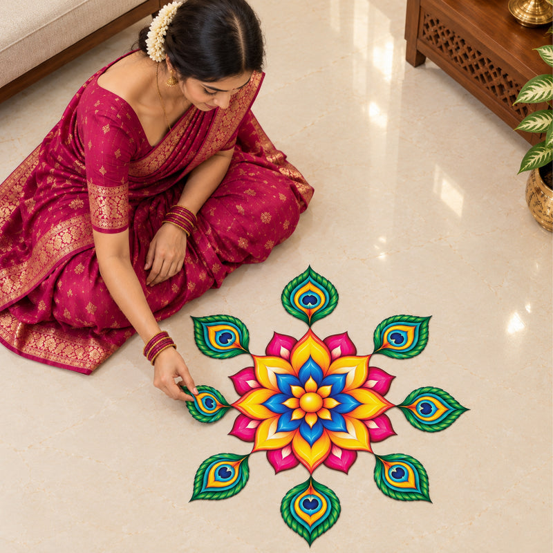 Todfod Divine Peacock Feather Wooden MDF Rangoli 14 Inch | Colourful Floral Mandala Decorative Floor Rangoli for Home Entrance and Diwali