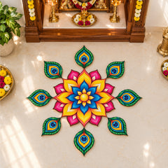 Todfod Divine Peacock Feather Wooden MDF Rangoli 14 Inch | Colourful Floral Mandala Decorative Floor Rangoli for Home Entrance and Diwali