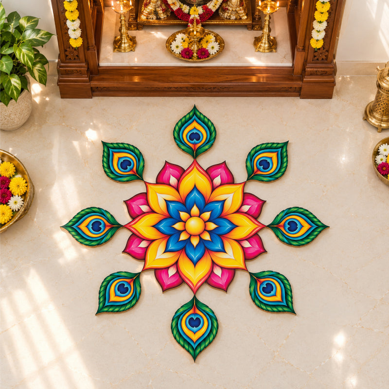 Todfod Divine Peacock Feather Wooden MDF Rangoli 14 Inch | Colourful Floral Mandala Decorative Floor Rangoli for Home Entrance and Diwali