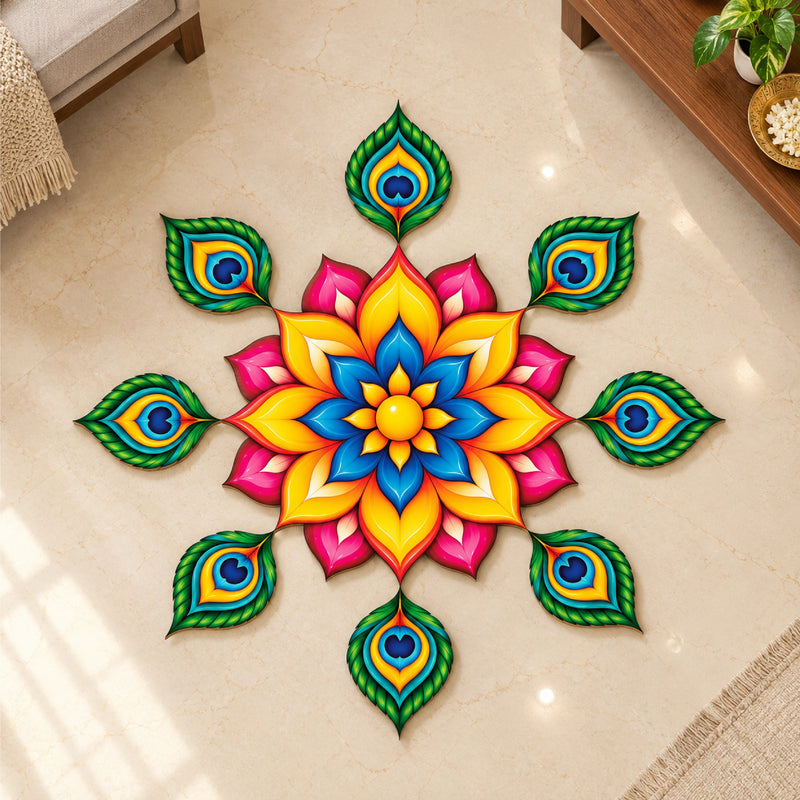 Todfod Divine Peacock Feather Wooden MDF Rangoli 14 Inch | Colourful Floral Mandala Decorative Floor Rangoli for Home Entrance and Diwali