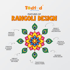 Todfod Divine Peacock Feather Wooden MDF Rangoli 14 Inch | Colourful Floral Mandala Decorative Floor Rangoli for Home Entrance and Diwali