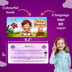 Promotional image of a 'Divine Mantras' book for children with text and a girl pointing at the book.