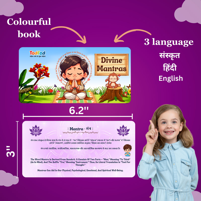 Promotional image of a 'Divine Mantras' book for children with text and a girl pointing at the book.